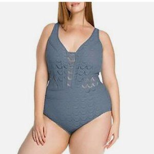 BECCA ETC Plus Size Crocheted Illusion One-Piece Swimsuit 0X(14-16) Grey